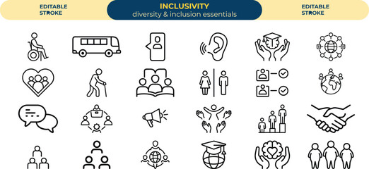 diversity and inclusivity essentials icon pack. minimalist vector icon set.