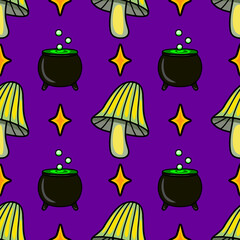 Seamless vector pattern with whimsical Halloween elements: cartoon mushrooms, magic cauldrons, and sparkling stars on a vibrant purple background, creating a playful and enchanting design.