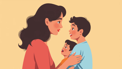 Obraz premium Emotional woman embracing children, family bond illustration