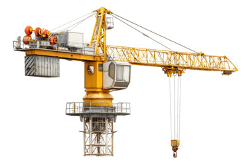 PNG Yellow tower crane with counterweights and control cab isolated on white background