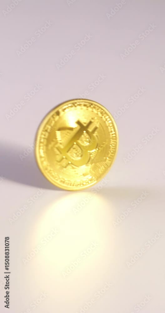Poster a gold bitcoin rotates upright in slow motion on a smooth white surface, emphasizing reflective text