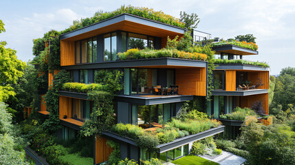 Fototapeta premium Modern Eco-Friendly Apartment Building Surrounded by Lush Greenery