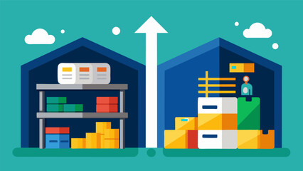 A beforeandafter image series displaying the cluttered storage of a warehouse transformed into a streamlined and efficient space through Big Data analysis.. Vector illustration