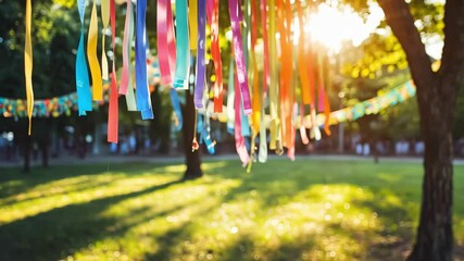 Colorful ribbons blowing in the wind at outdoor park event with bright sunlight.  Party, celebration, decoration, summer, festive, outdoors.