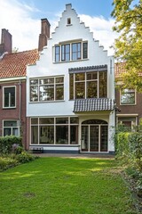Fototapeta premium Beautifully designed traditional house with unique architecture and a lush green garden in a residential neighborhood surrounded by trees in late afternoon light