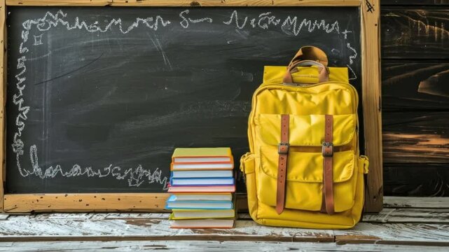 Animated Back to School Background. Yellow school backpack with stack of books and textbooks near blackboard with chalk drawings