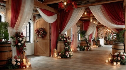 Fototapeta premium Elegantly decorated indoor event space with rustic wooden floor and exposed ceiling beams, featuring cascading red and white fabric drapes, large wooden barrels adorned with lush floral arrangements o