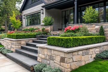A vibrant garden landscape unfolds, featuring beautiful stone steps adorned with an array of blooming flowers, all set in a charming residential area under the bright midday sun