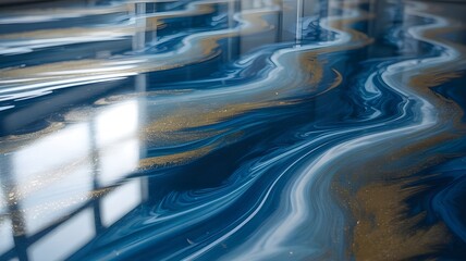 "Futuristic Modern Epoxy Resin Floor Design Featuring Swirling Abstract Patterns, Metallic Pigments, 3D Optical Illusions, and a High-Gloss Smooth Finish for Contemporary Interiors"