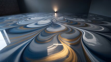 "Futuristic Modern Epoxy Resin Floor Design Featuring Swirling Abstract Patterns, Metallic Pigments, 3D Optical Illusions, and a High-Gloss Smooth Finish for Contemporary Interiors"