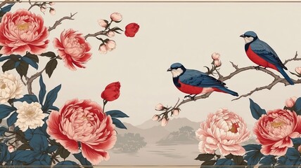 Elegant Asian-Inspired Art Print Birds and Peonies in Bloom