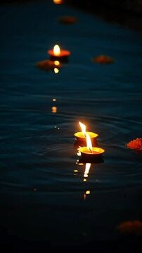 Small oil lamps gently float on the pond
