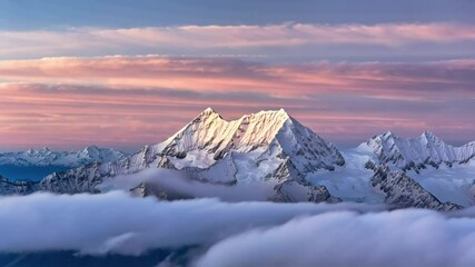 Towering snow capped mountains are bathed in soft pink and orange dawn light with floating clouds weaving between the peaks - Powered by Adobe