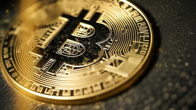 Golden bitcoin digital cryptocurrency, blockchain technology, finance and investment.