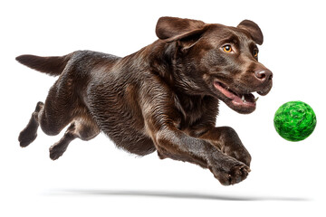 Fototapeta premium A playful brown dog is airborne, reaching for a vibrant green ball with excitement and energy