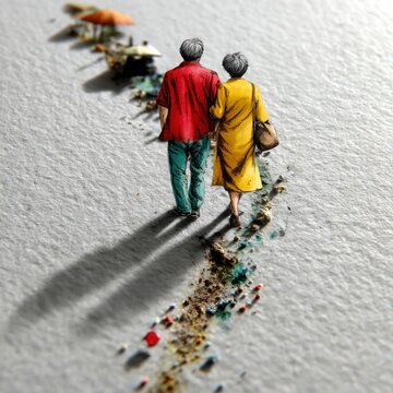 Minimalist Illustration of Elderly Couple Walking Together