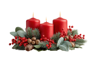 PNG Festive red candles with pine branches and berries arrangement