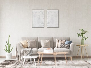 Mock up of an original compact living room with a fashionable classic sofa and a light decorative background, 3D rendering.