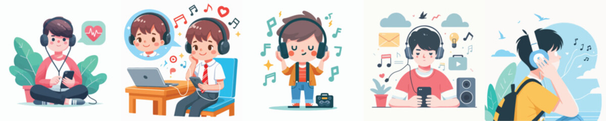 boy character vector listening to music