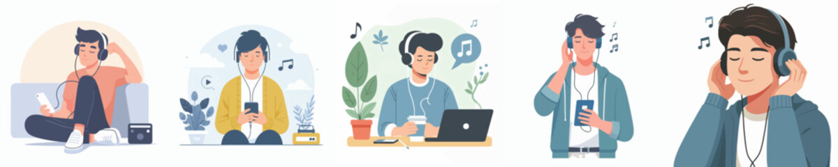 young man character vector listening to music