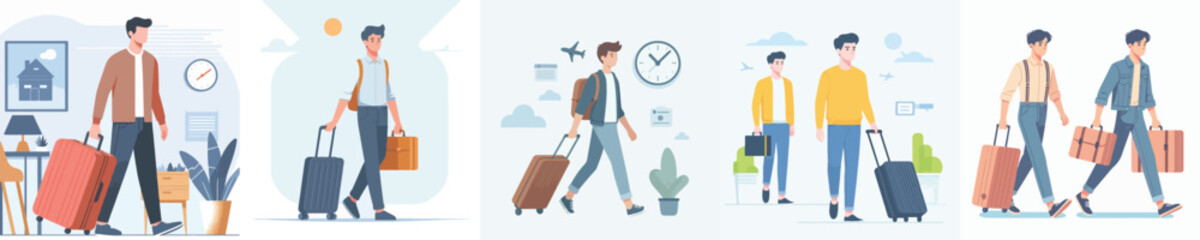 young man character vector dragging suitcase