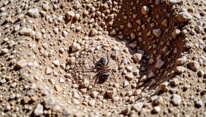 Close-up of a bee gathe nectar from a burrow in dry sandy soil with small rocks and pebbles in a natural outdoor environment