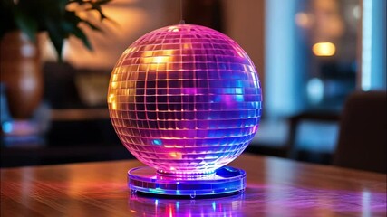 Purple disco ball glowing with pink light on reflective surface. - Powered by Adobe