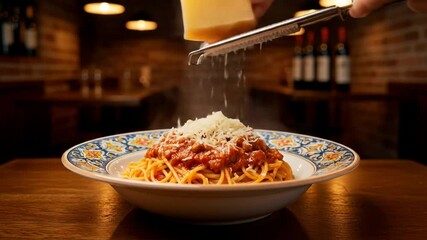 Grating cheese over spaghetti with meat sauce on a decorative plate - Powered by Adobe