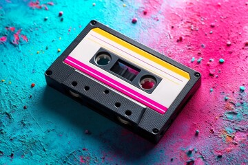 A colorful cassette tape rests on a vibrant, textured background of pink and blue hues, evoking a nostalgic vibe reminiscent of the 80s and 90s music era