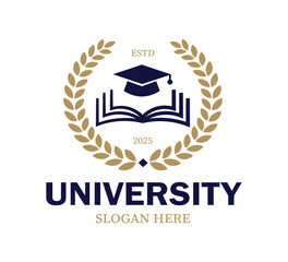 Obraz premium A modern logo design showcases an open book and graduation cap, framed by a laurel wreath. Perfect for a university established in 2025, this logo conveys education and excellence.