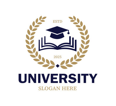 A modern logo design showcases an open book and graduation cap, framed by a laurel wreath. Perfect for a university established in 2025, this logo conveys education and excellence.