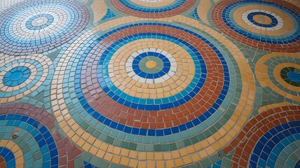 "Vibrant Colorful Mosaic Tile Floor Featuring Circular Motifs, Abstract Mediterranean-Inspired Patterns, Handcrafted Aesthetic, and Dynamic Artistic Design for Bold Interior Spaces"