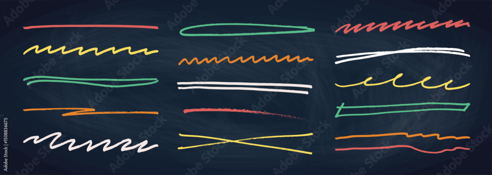 Fototapete underline stroke chalk scribbles doodle line collection on chalkboard. hand drawn outline sketch wav