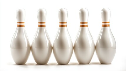 A clean arrangement of five classic bowling pins set against a white background emphasizes the sport's iconic symbols, embodying fun, competition, and leisure sports.