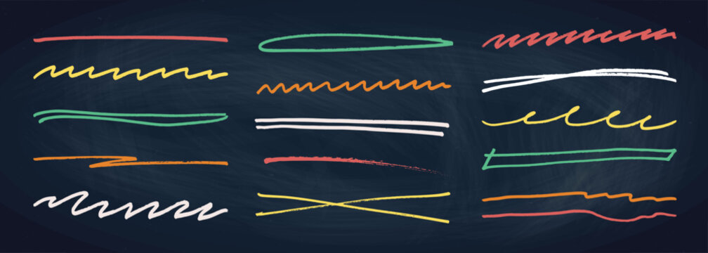 Underline stroke chalk scribbles doodle line collection on chalkboard. Hand drawn outline sketch wave brush mark elements crosshatch rough dividers set for text highlight underline emphasis