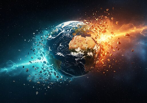 The earth exploding concept representing global crisis and catastrophic destruction in space