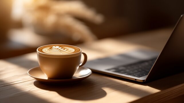 A cozy coffee cup with latte art sits on a wooden table next to a laptop, bathed in warm natural light, creating a serene workspace ambiance