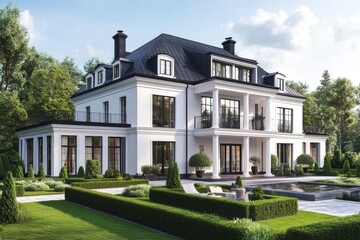 Elegant modern mansion with expansive gardens and tranquil pool, surrounded by lush greenery in a serene residential area, showcasing sophisticated architectural design and luxury living