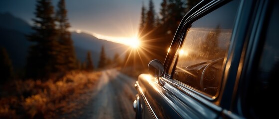 Fototapeta premium A scenic view from inside a vintage car, showcasing a winding dirt road flanked by towering trees, with a bright sunset illuminating the landscape