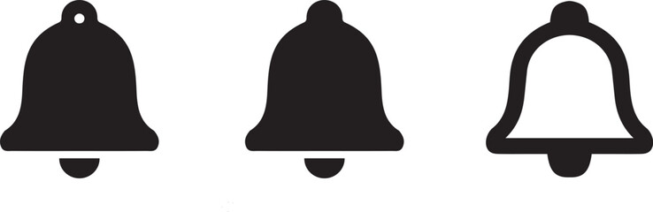 Naklejka premium Minimal black bell notification icons in bold solid silhouette style for alerts, reminders, and user interface design