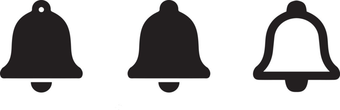 Minimal black bell notification icons in bold solid silhouette style for alerts, reminders, and user interface design