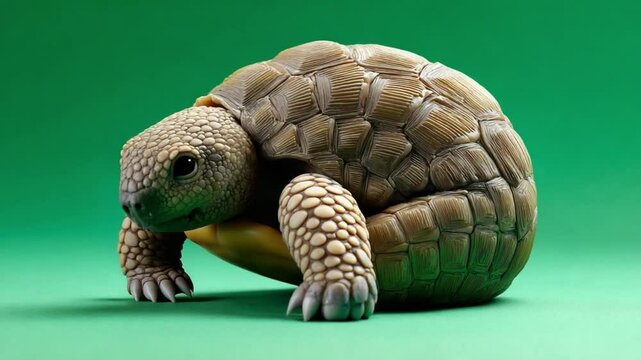 Tortoise on Green: A detailed capture of a tortoise against a vivid green backdrop. Showcasing the intricate texture of the reptile's shell and the animal's calm demeanor.