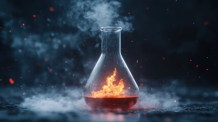 A dramatic image of orange flames bursting from a glass laboratory flask, surrounded by smoke, illustrating the dynamic and sometimes volatile nature of chemical reactions.
