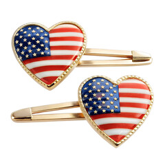 Patriotic Hair Clip Set with Enamel Flag Hearts on Transparent Background