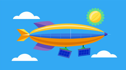 A brightly colored airship glides through the air its solarpowered engines silently propelling it towards a designated delivery destination.. Vector illustration