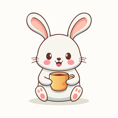 Kawaii Bunny Holding Coffee Mug and Smiling in Cozy Pose