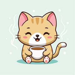 Kawaii Cat Sitting and Drinking Coffee with a Cozy Expression