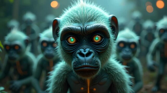 Close-up of blue futuristic monkey staring intensely