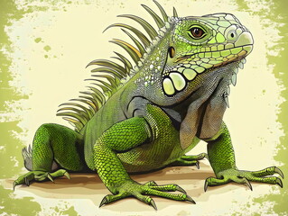 Obraz premium Vibrant green iguana basking in warm sunlight, showcasing intricate details and vivid colors in a tropical setting