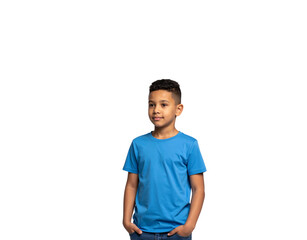 Young boy in blue tshirt with hands in pockets looking to the side